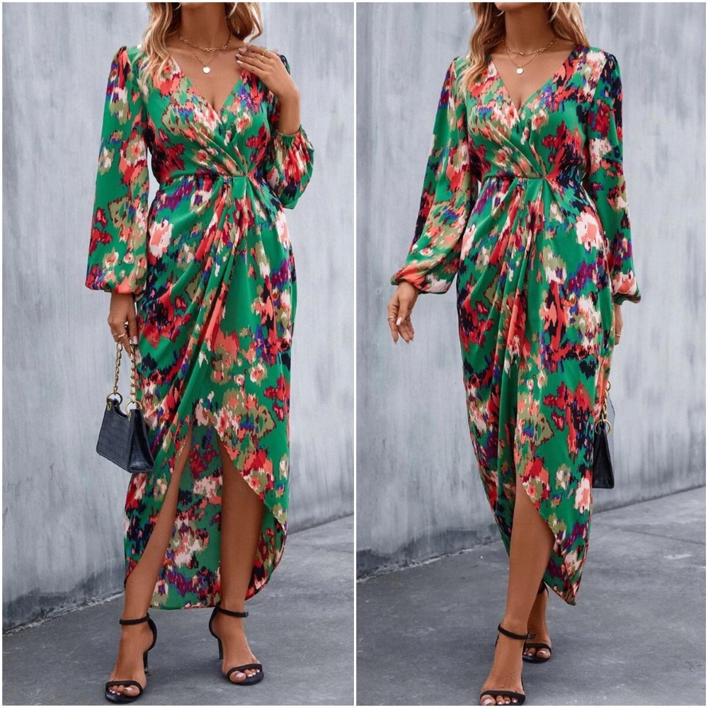 Boho Floral Print Satin Evening Date Maxi Dress - Picture 1 of 3